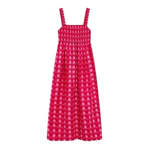 ZARA PINK SMOCKED BODICE RETRO GEO PRINT SLEEVELESS MAXI DRESS - Picture 5 of 11